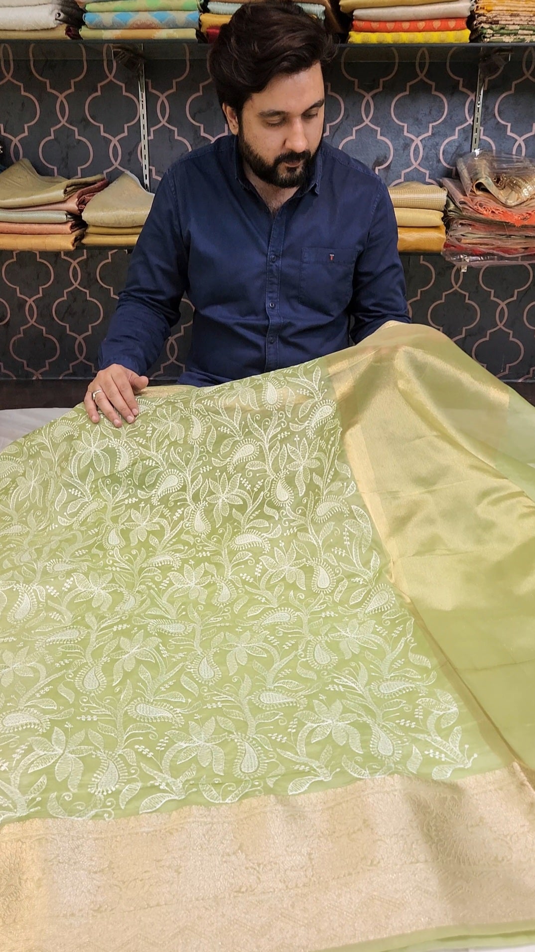 Pista Green Chikankari Work Banarasi Saree