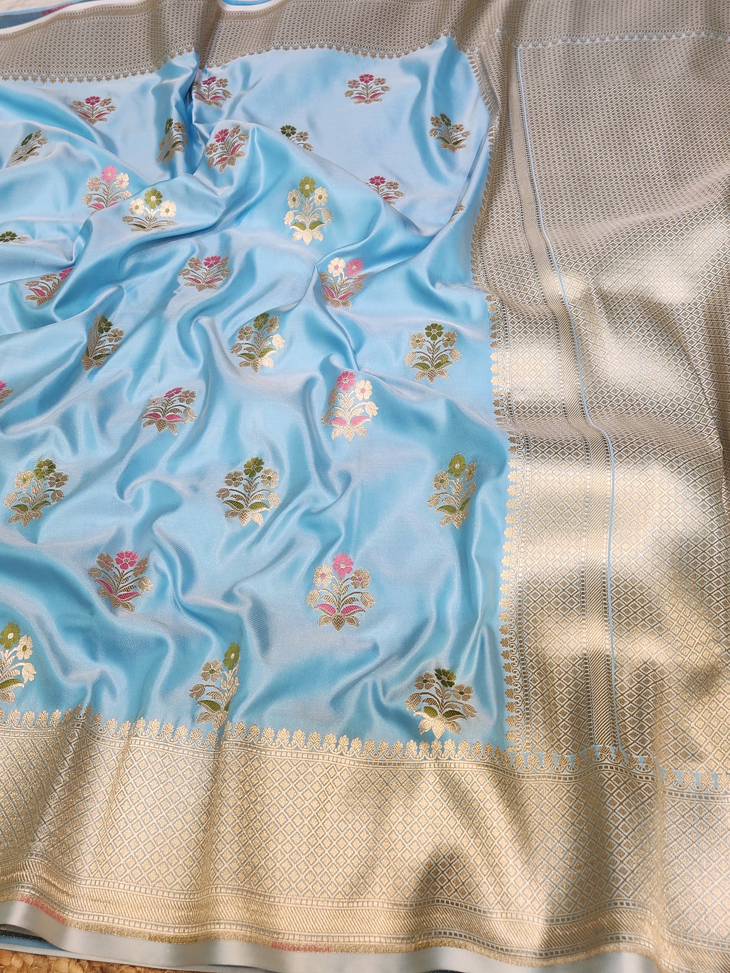 Powder Blue Mashru Silk Banarasi Saree With Meena bootas