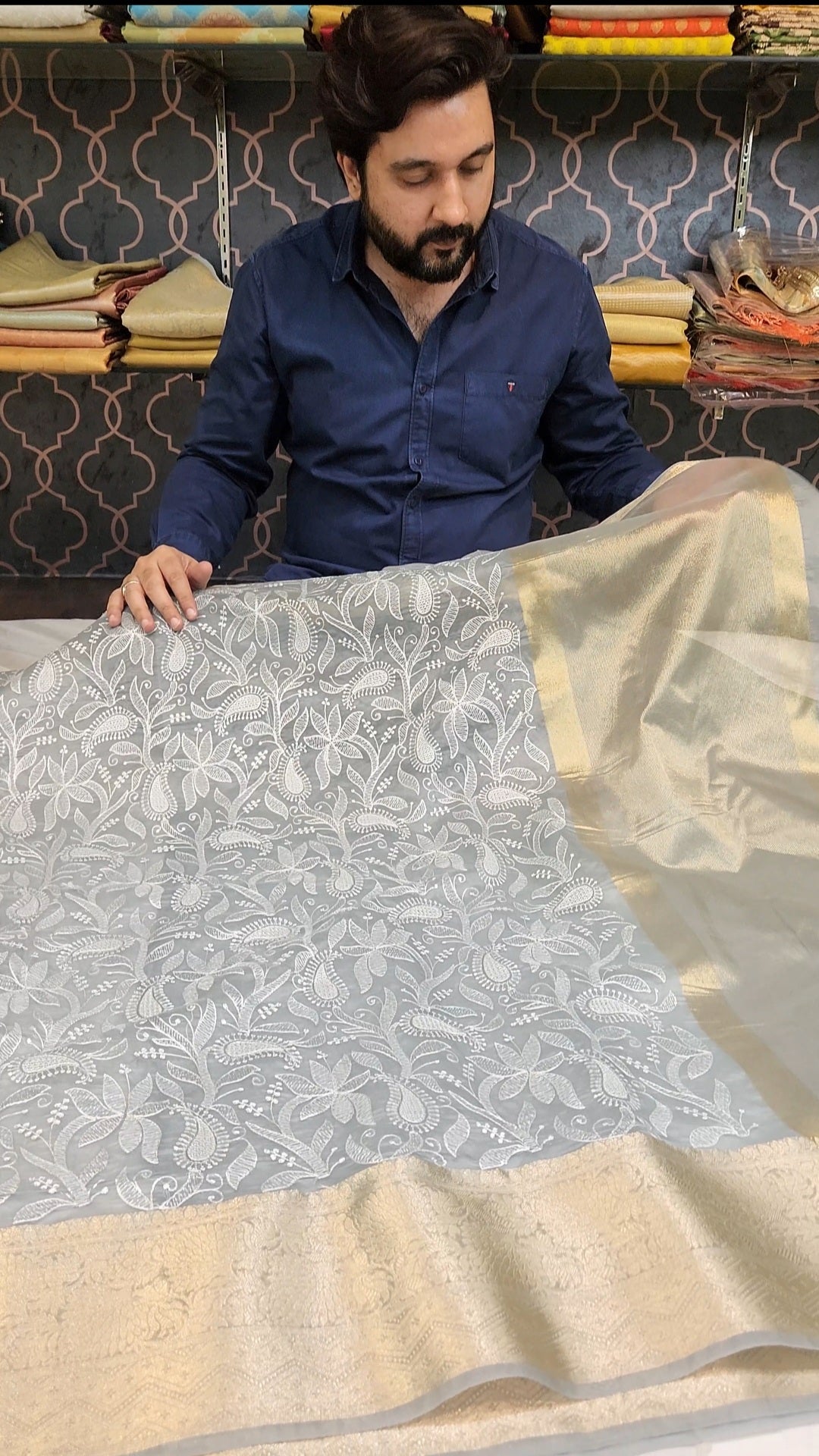 Light Grey Premium Chikankari Work Banarasi Saree