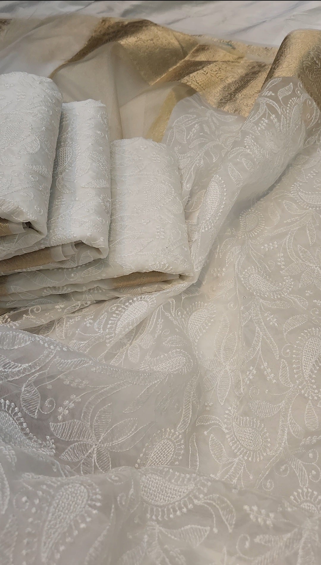 White Premium Chikankari Work Banarasi Saree