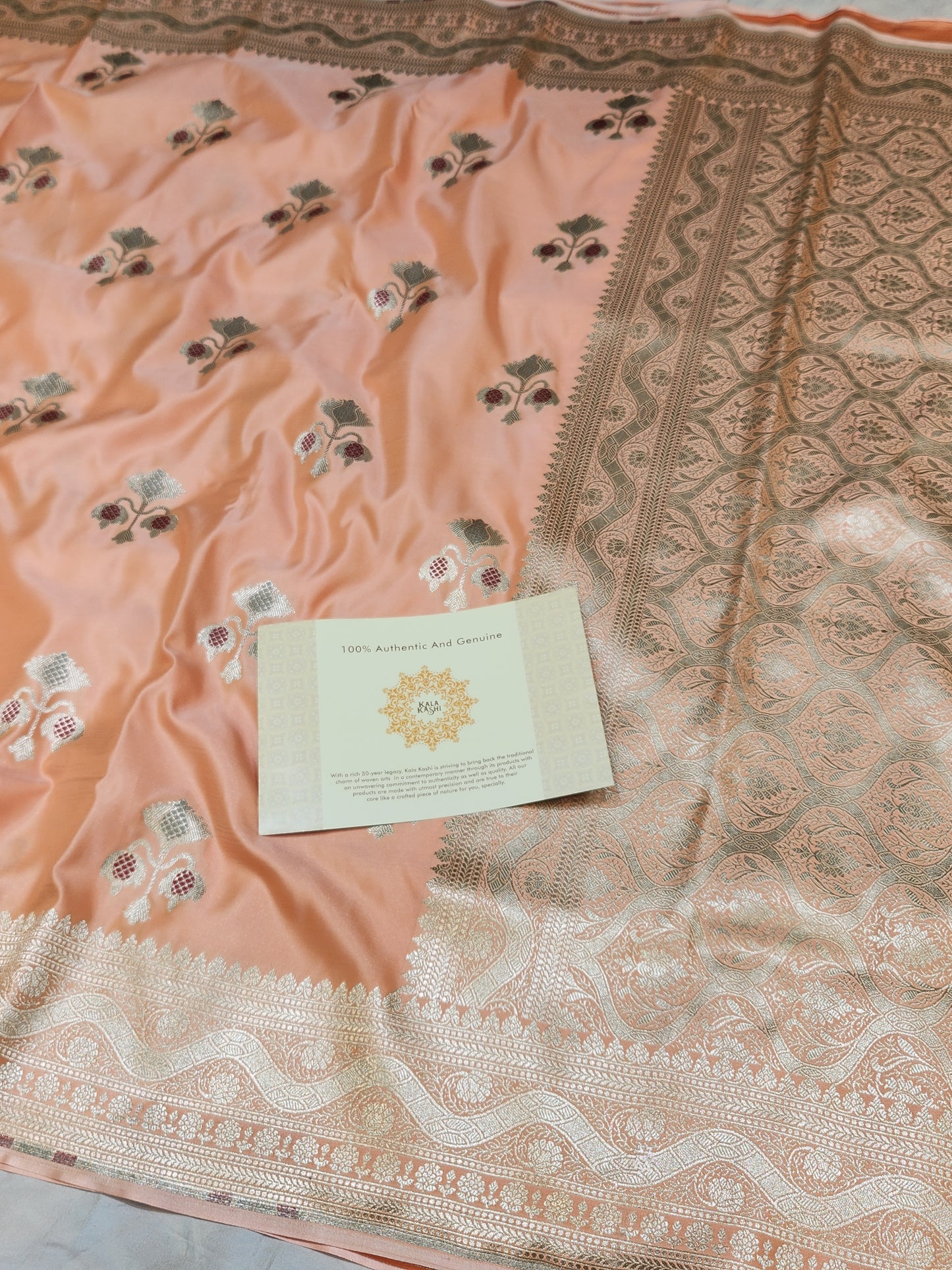 Peach banarasi Mashru Silk Banarasi Saree With Meena bootas