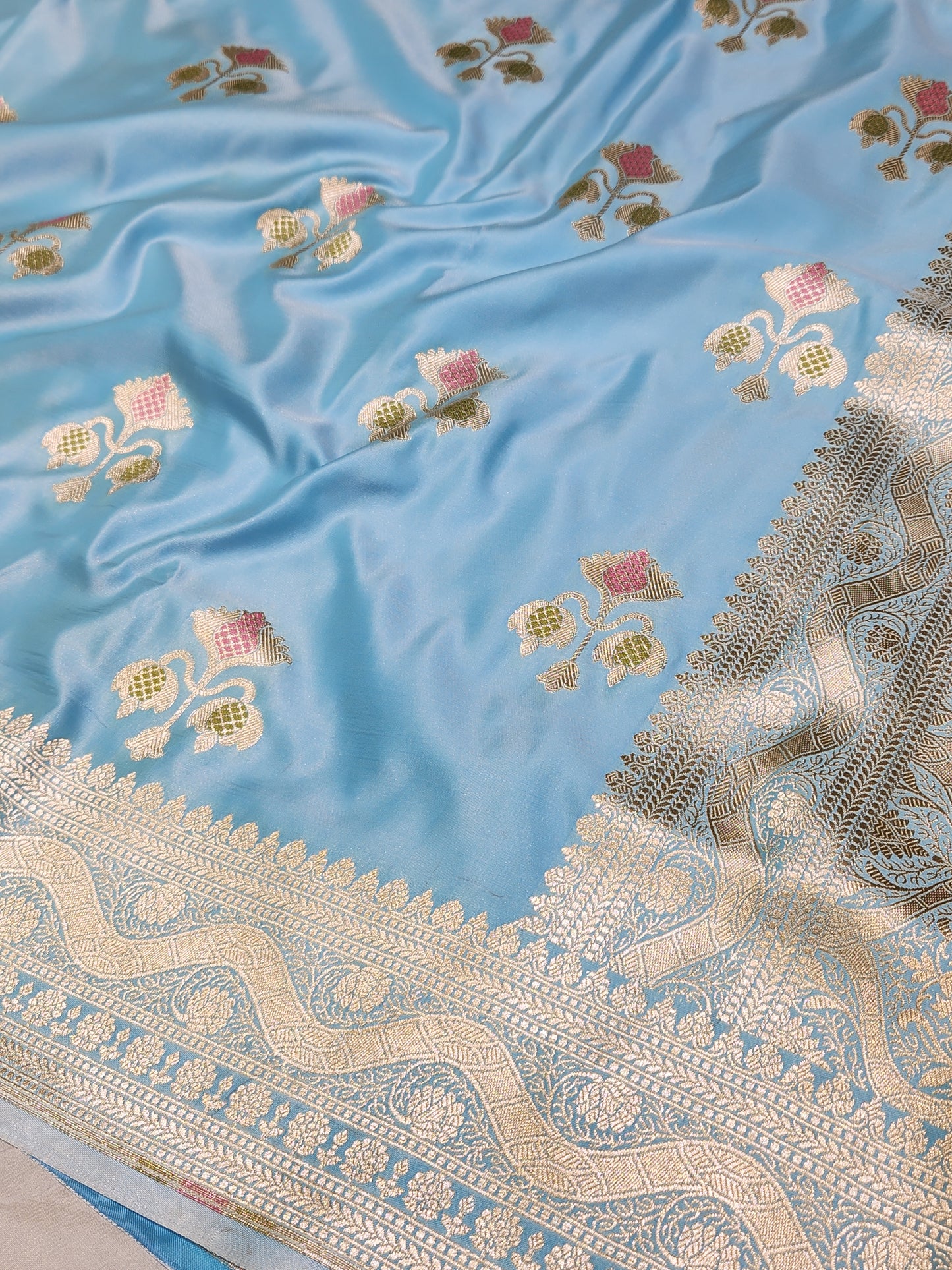 Powder Blue Mashru Silk Banarasi Saree With Meena bootas