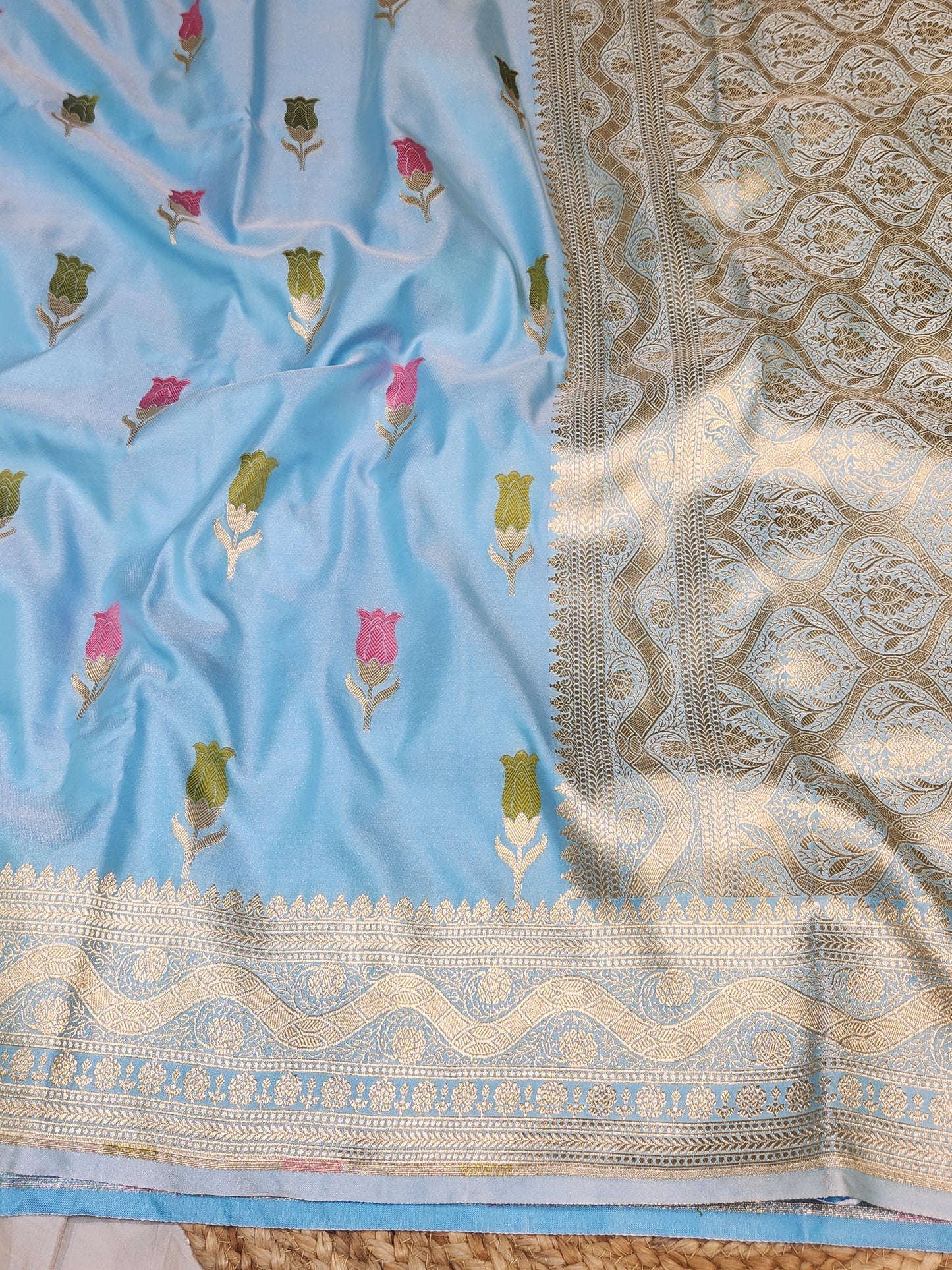 Powder Blue Mashru Silk Banarasi Saree With Meena bootas