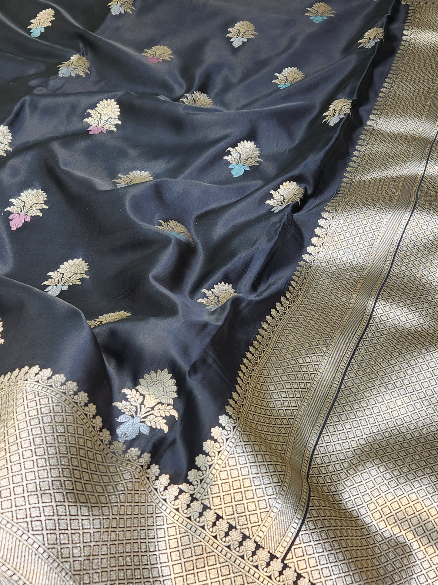 Jet Black Mashru Silk Banarasi Saree With Meena bootas