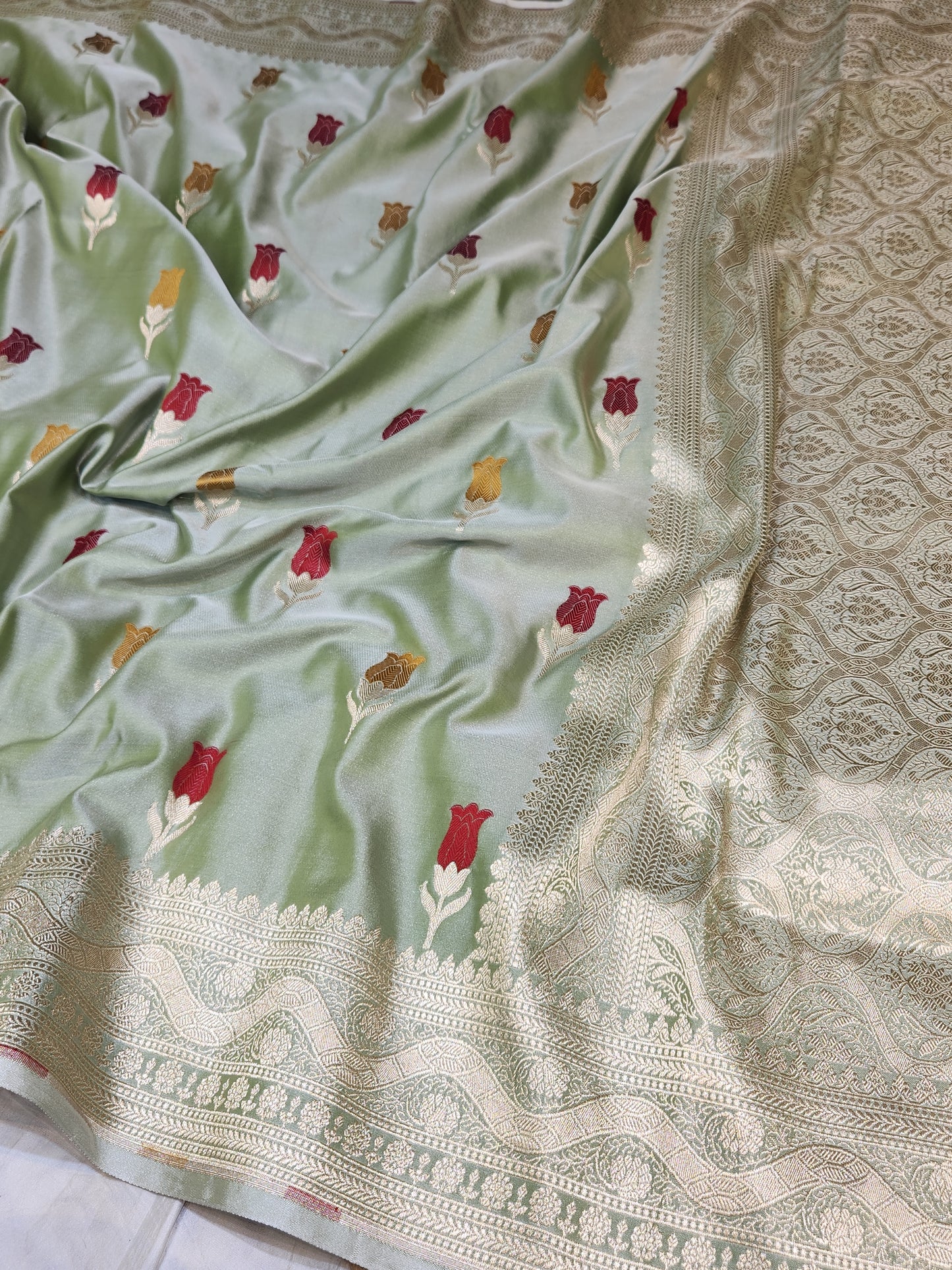 Olive Green Banarasi Mashru Silk Banarasi Saree With Meena bootas