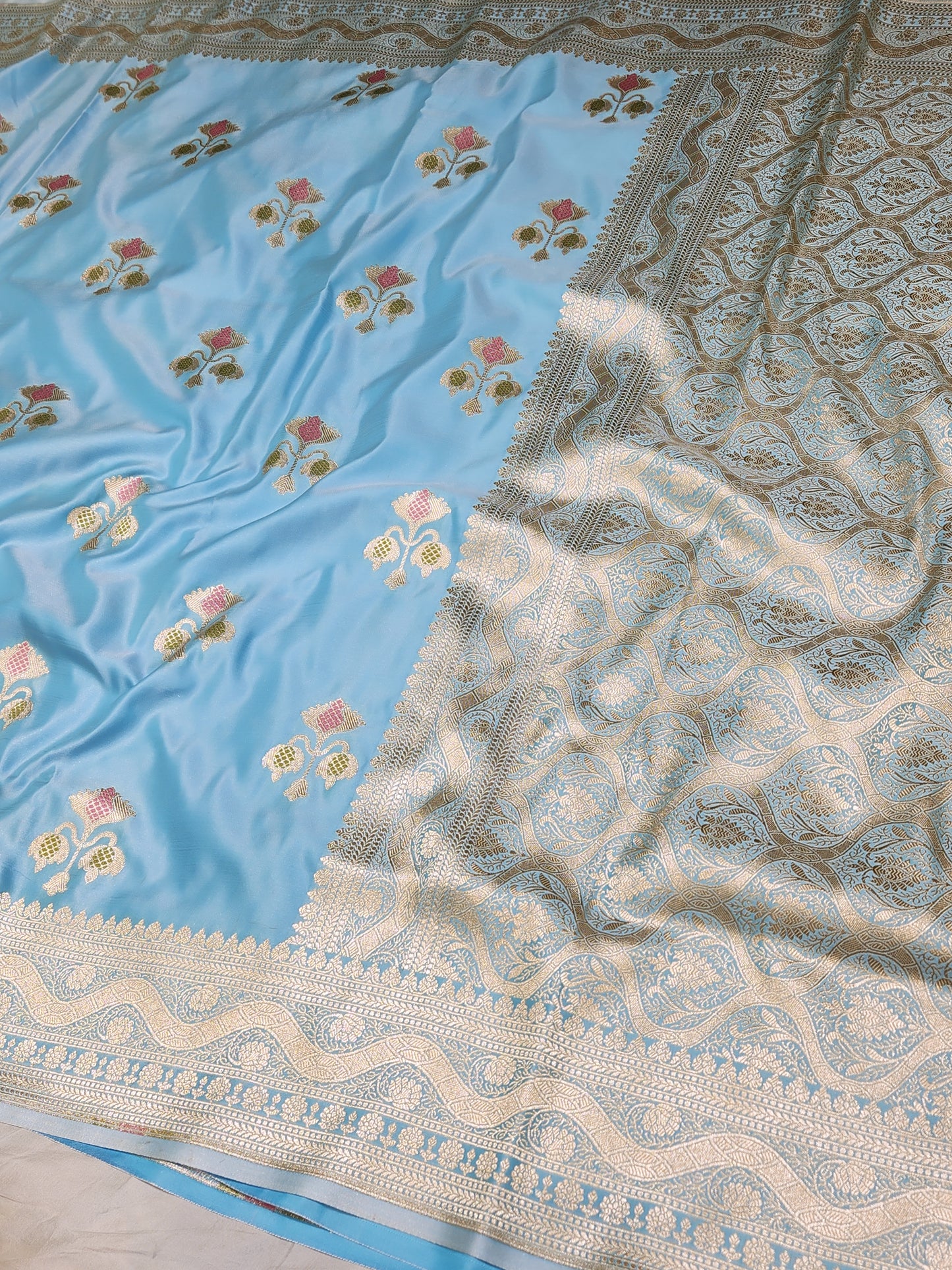 Powder Blue Mashru Silk Banarasi Saree With Meena bootas