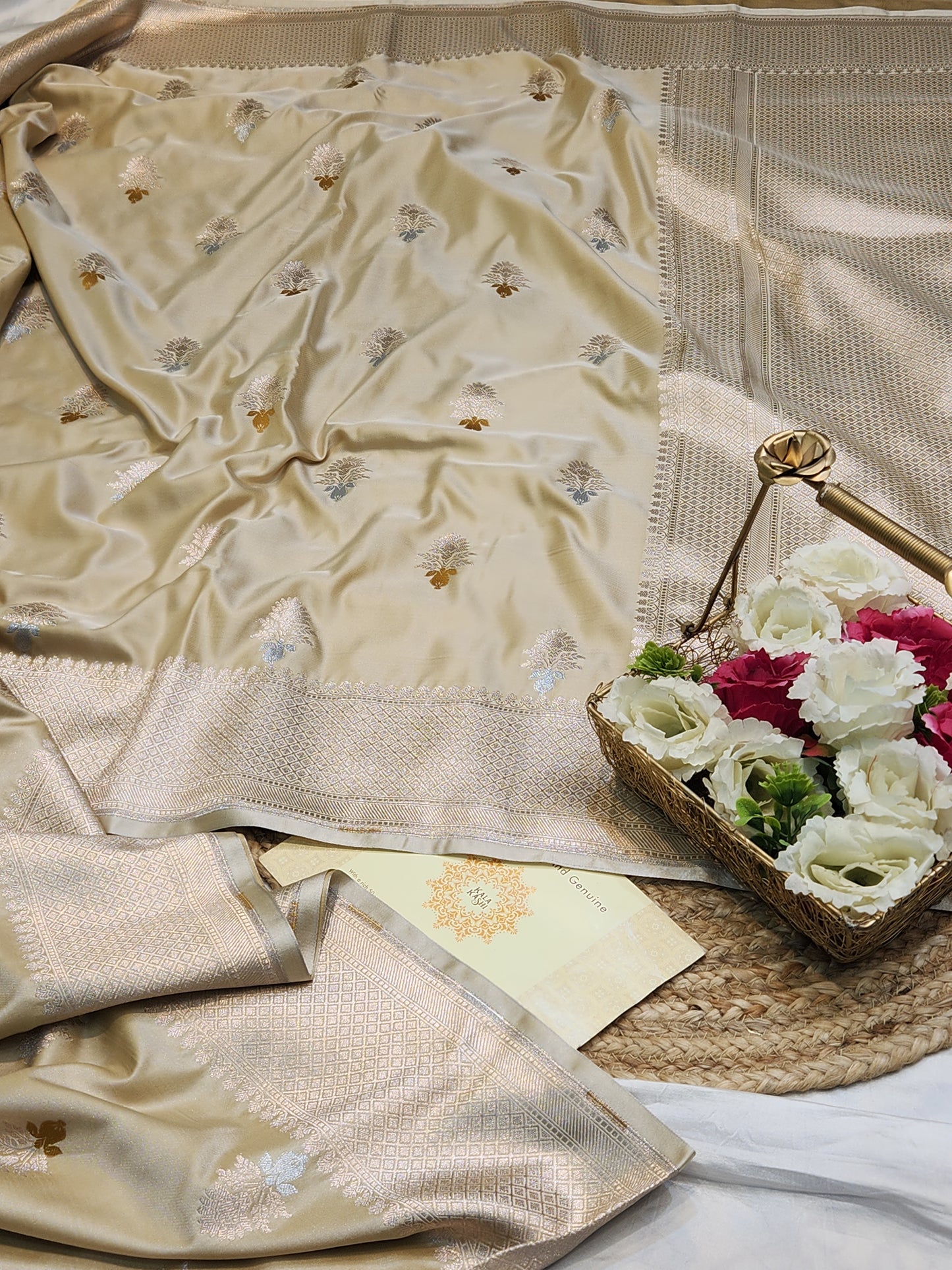 Tan color Mashru Silk Banarasi Saree With Meena bootas