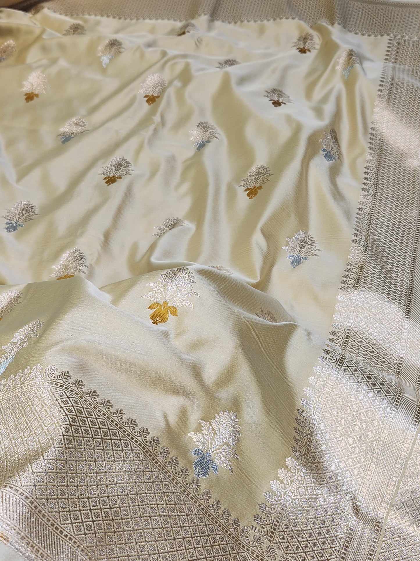 Tan color Mashru Silk Banarasi Saree With Meena bootas