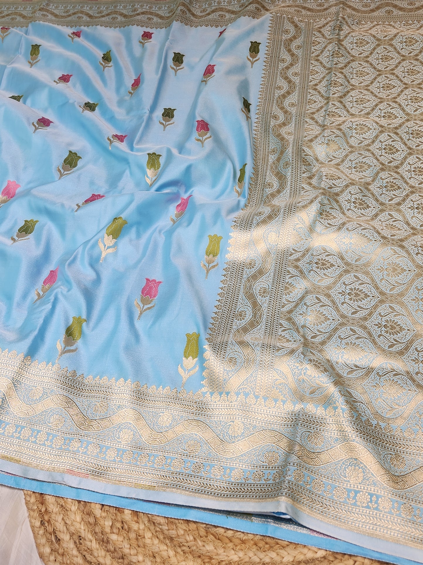 Powder Blue Mashru Silk Banarasi Saree With Meena bootas