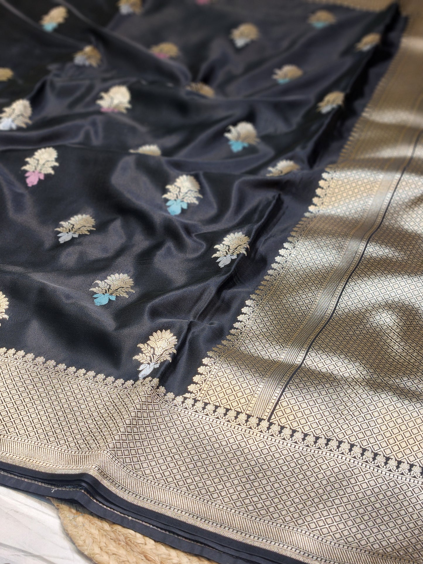 Jet Black Mashru Silk Banarasi Saree With Meena bootas