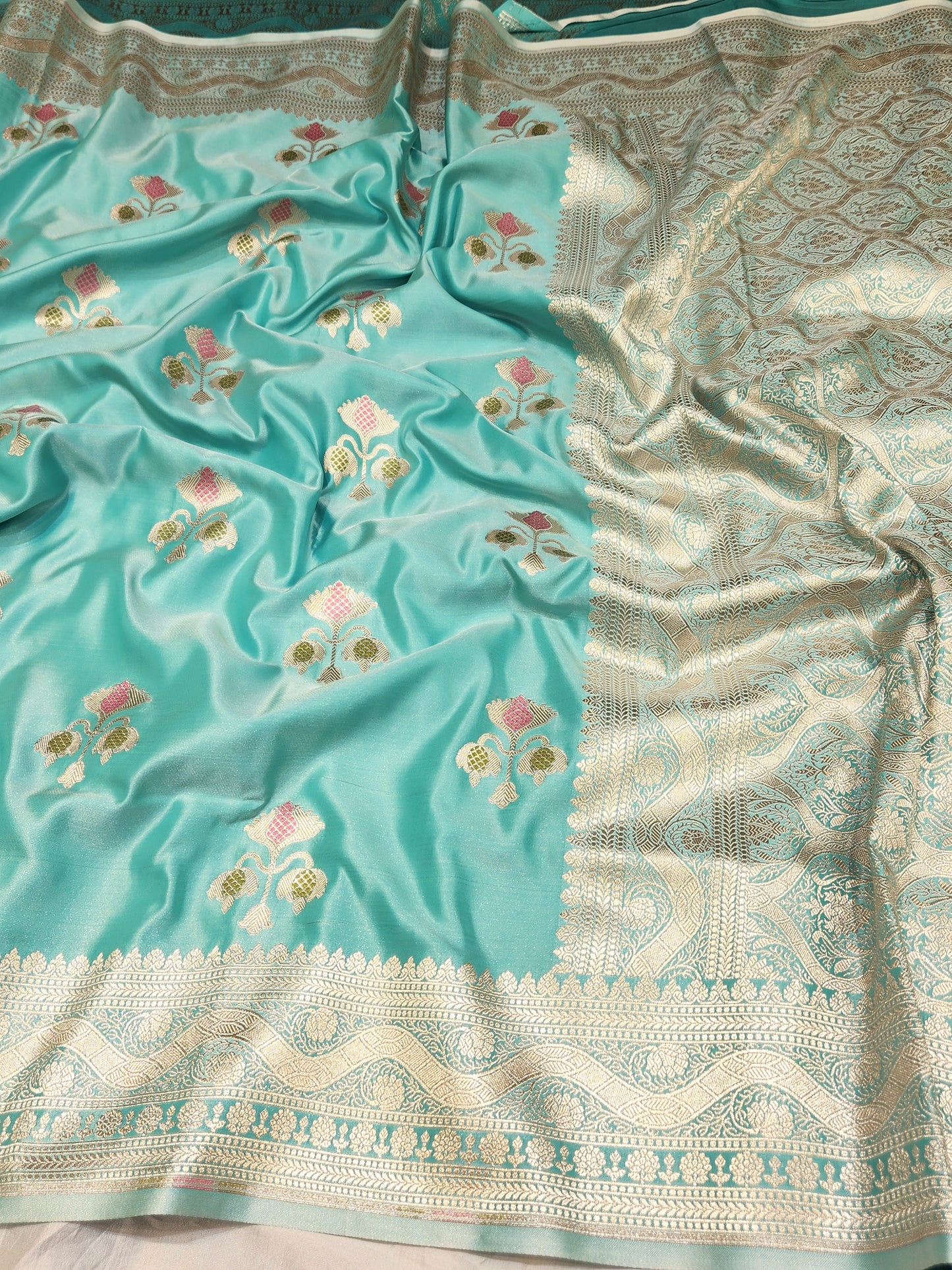 Sea Green Mashru Silk Banarasi Saree With Meena bootas