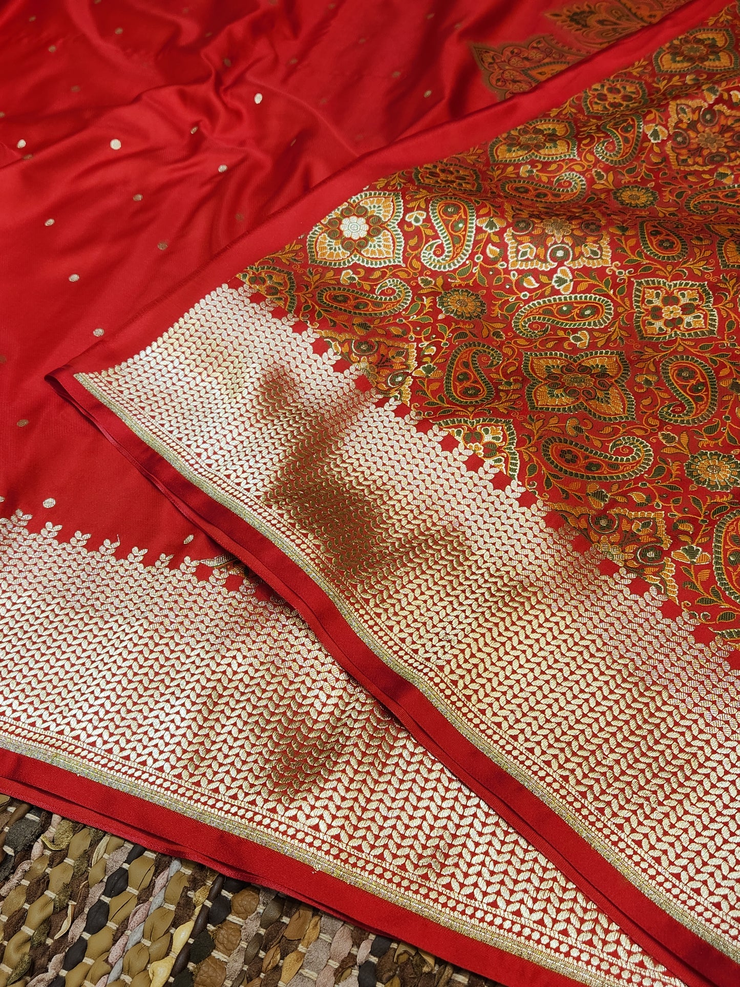 Red Kimkhab mashru silk saree with all over booti
