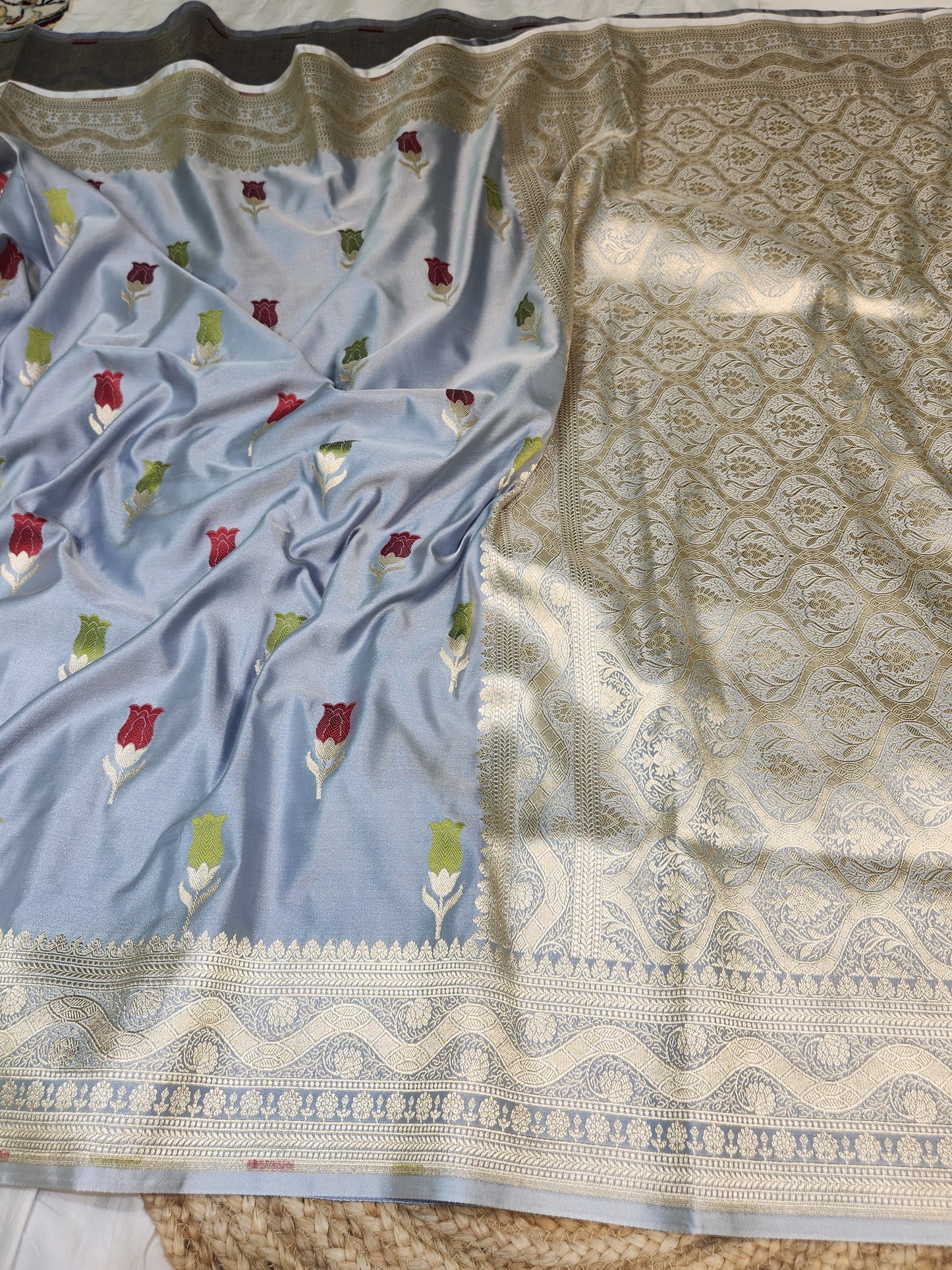 Grey banarasi Mashru Silk Banarasi Saree With Meena bootas