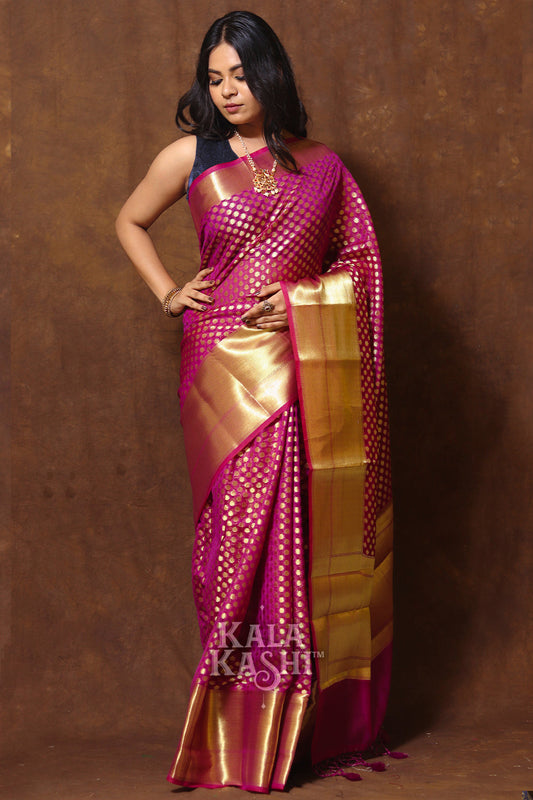 Dark Pink Hand Woven Banarasi Cotton Silk Saree