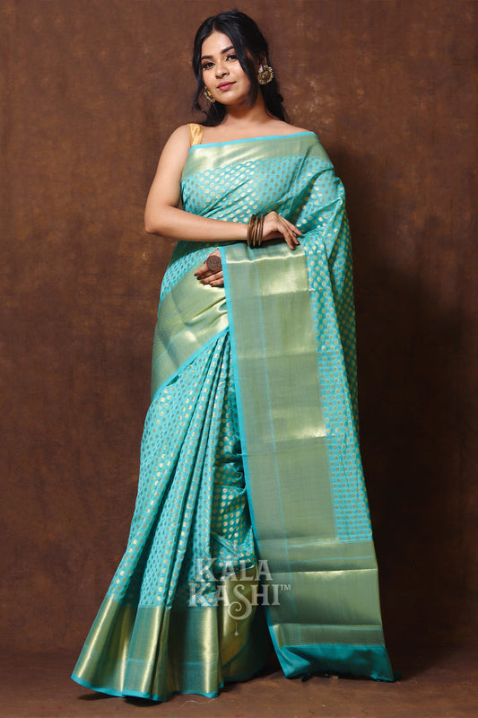Teal Blue Hand Woven Banarasi Cotton Silk Saree