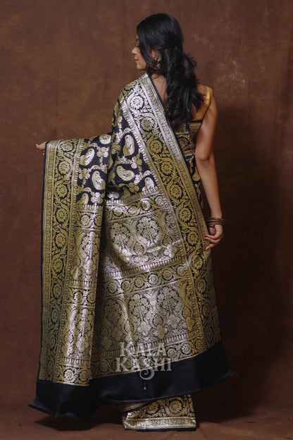 Dark Black Hand Woven Katan Silk Saree