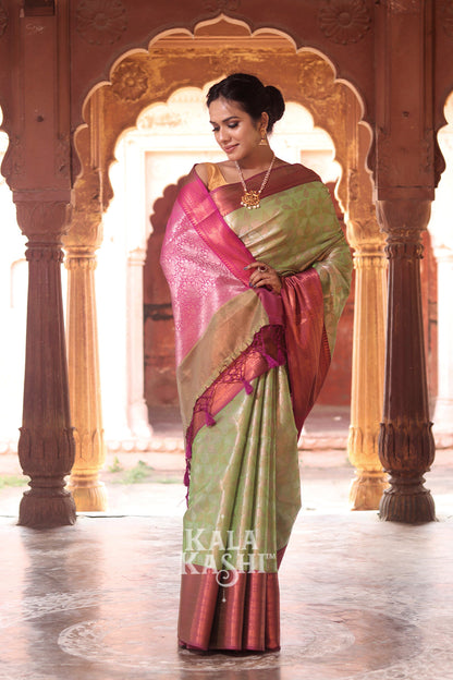 Yellow Green Hand Woven Kanjivaram Silk Saree