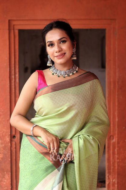 Green Yellow Hand Woven Zari Tanchuyi Saree