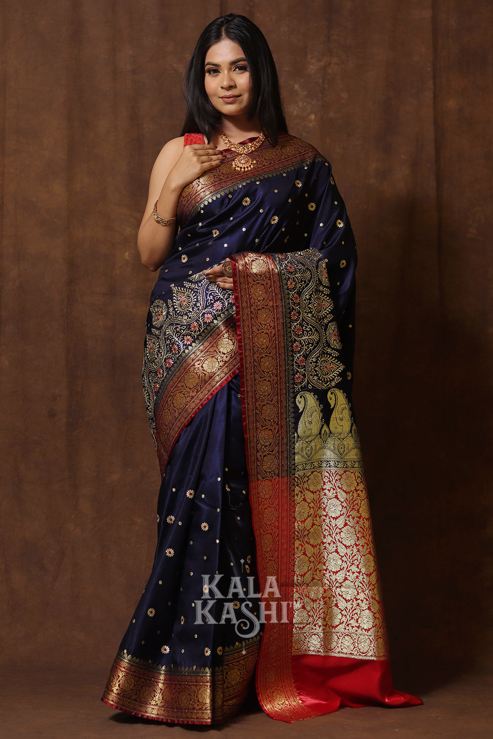 Dark Blue Hand Woven Banarasi Satin Silk Saree