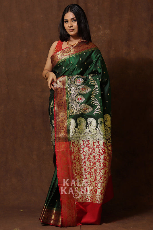 Dark Green Hand Woven Banarasi Satin Silk Saree