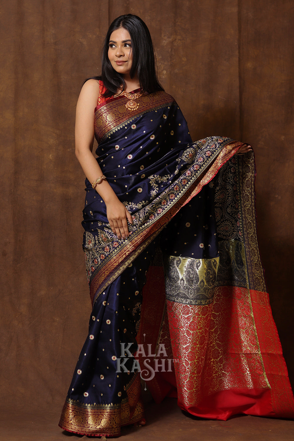 Dark Blue Hand Woven Banarasi Satin Silk Saree