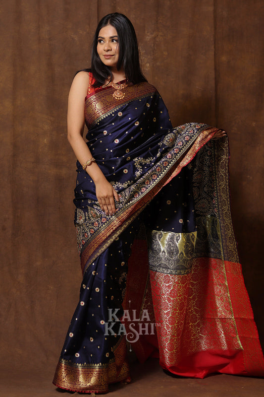 Dark Blue Hand Woven Banarasi Satin Silk Saree
