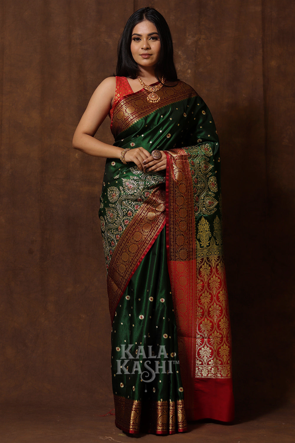 Dark Green Hand Woven Banarasi Satin Silk Saree