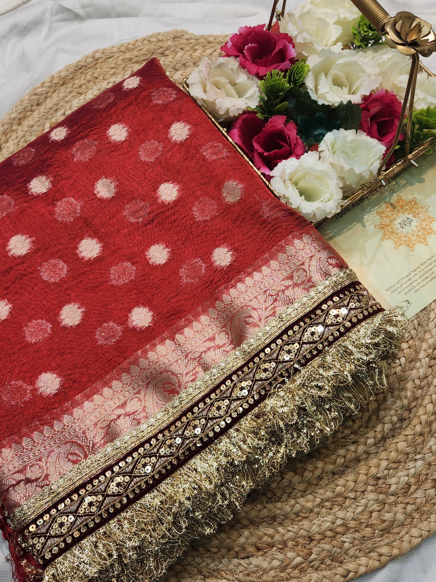 Maharani Collection Crushed Tissue silk Maroon saree