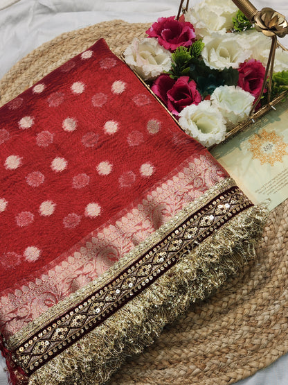 Maharani Collection Crushed Tissue silk Maroon saree