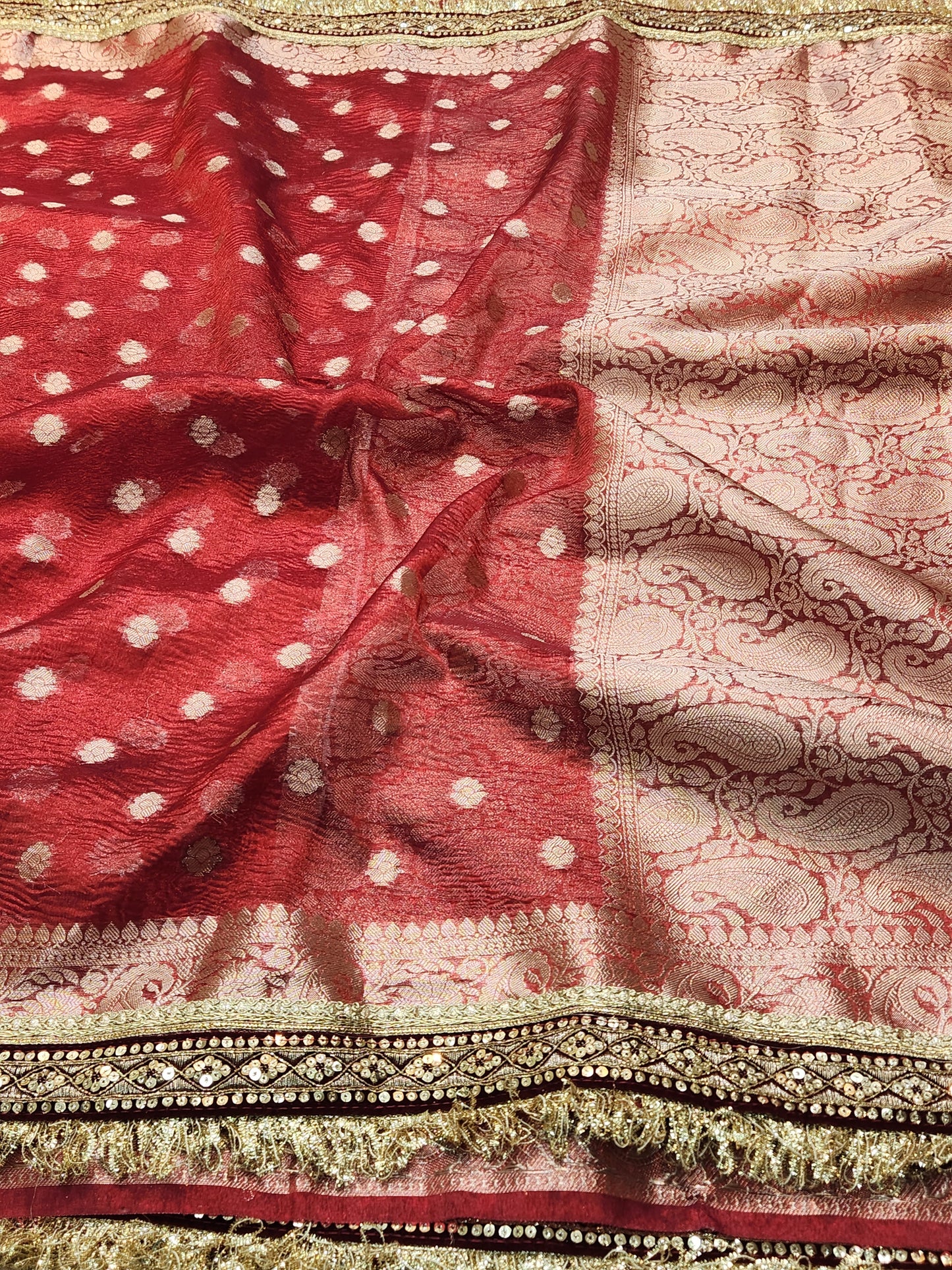 Maharani Collection Crushed Tissue silk Maroon saree