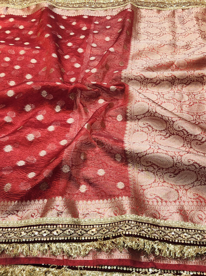 Maharani Collection Crushed Tissue silk Maroon saree