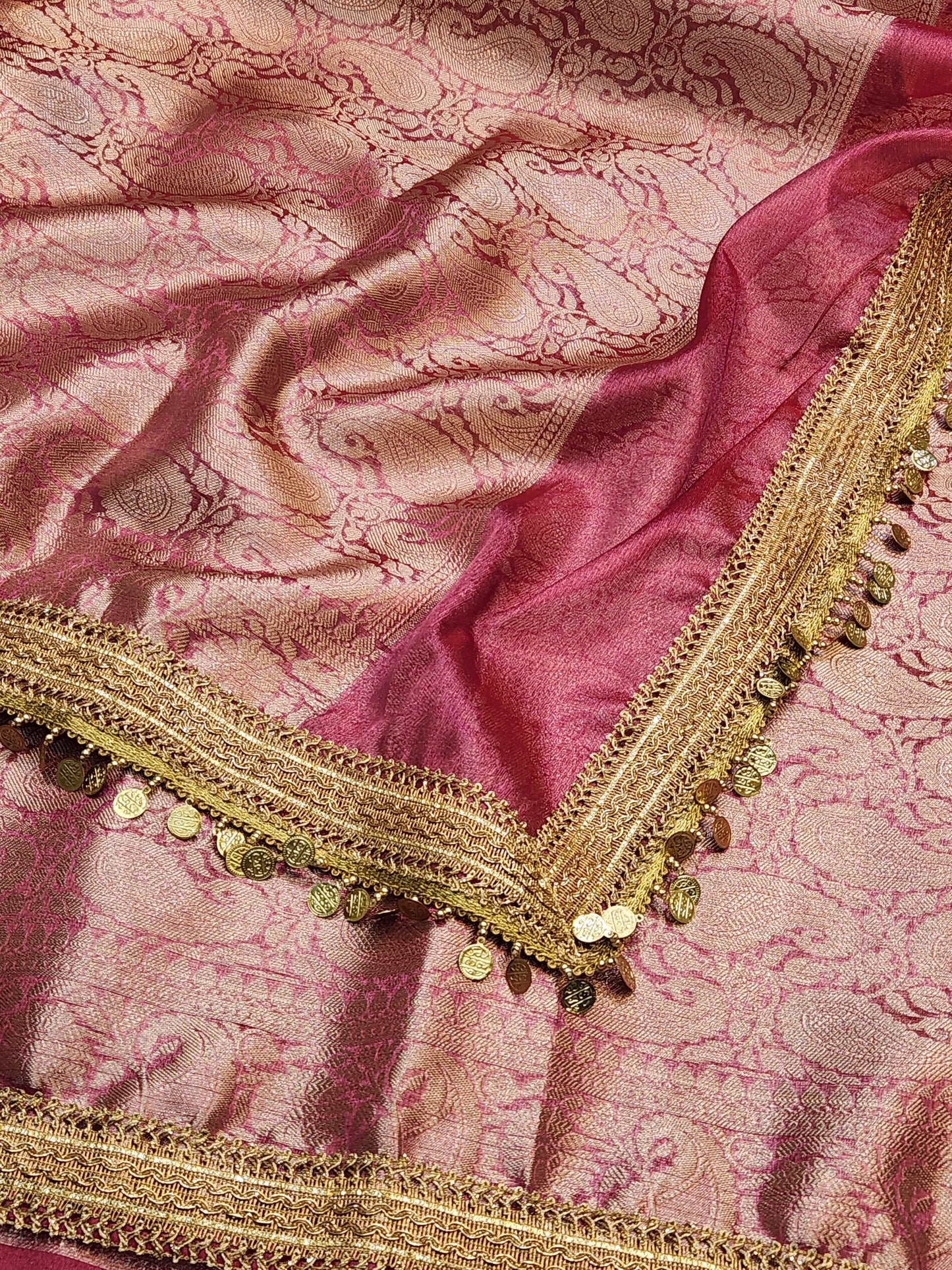 Maharani Collection Tissue silk Pink saree With Coin Laces