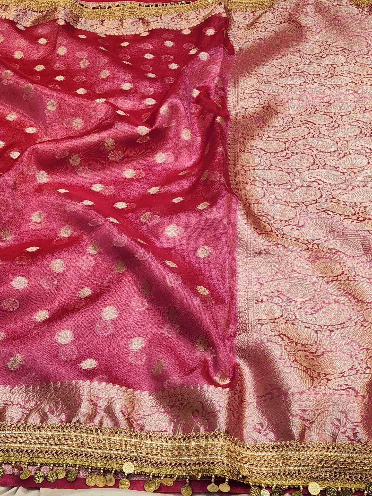 Maharani Collection Tissue silk Pink saree With Coin Laces