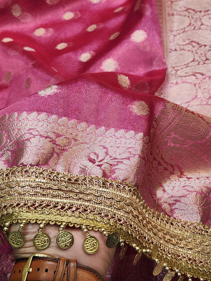 Maharani Collection Tissue silk Pink saree With Coin Laces