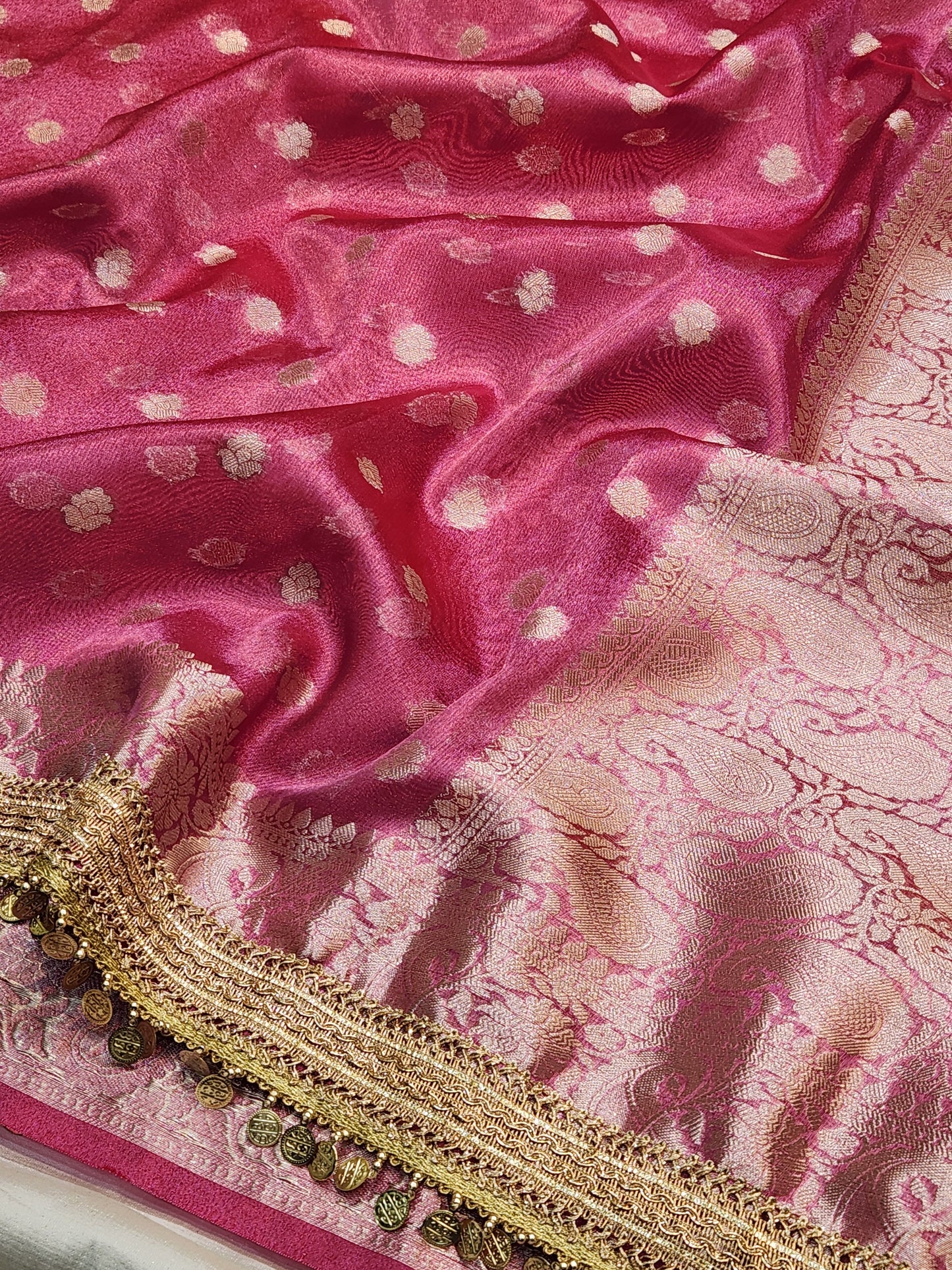 Maharani Collection Tissue silk Pink saree With Coin Laces
