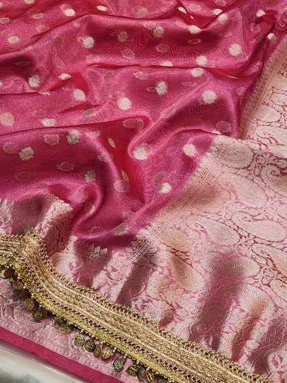 Maharani Collection Tissue silk Pink saree With Coin Laces