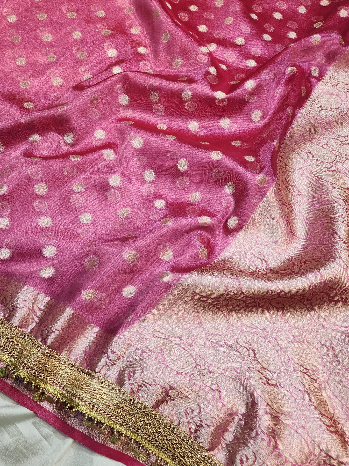 Maharani Collection Tissue silk Pink saree With Coin Laces