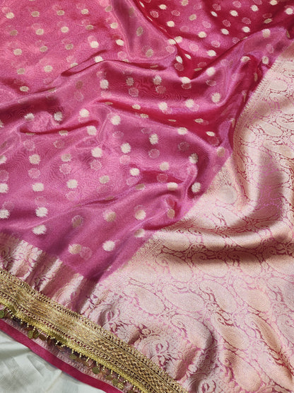 Maharani Collection Tissue silk Pink saree With Coin Laces