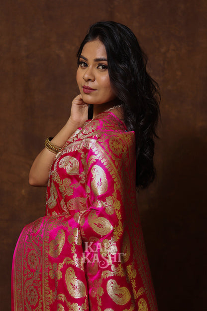 Fuscia Pink Hand Woven Katan Silk Saree