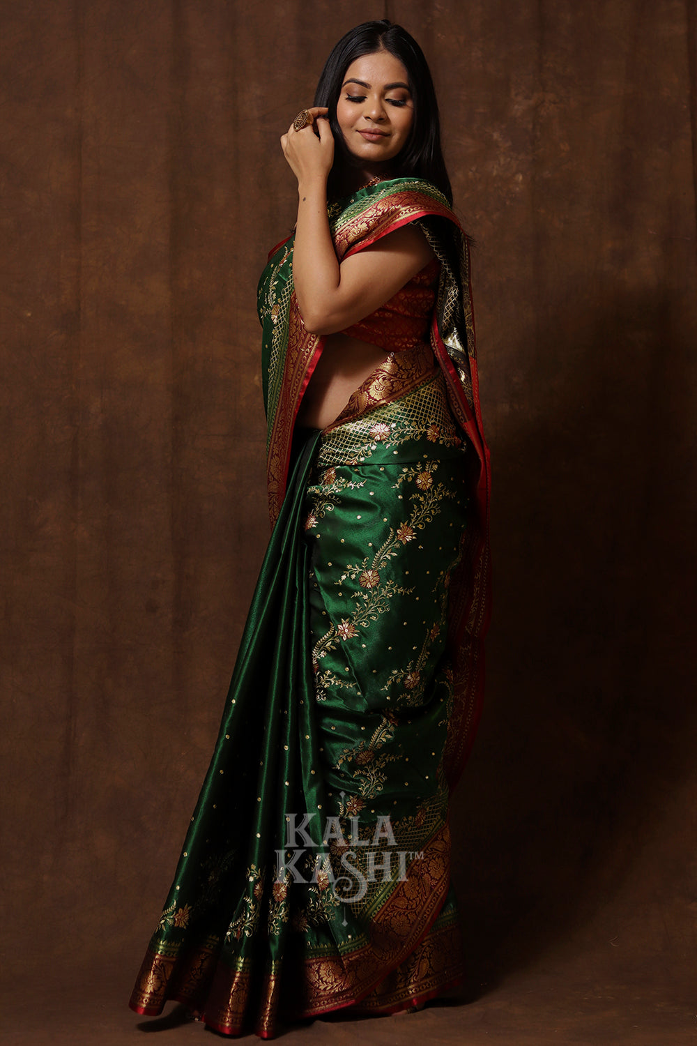 Dark Green Hand Woven Banarasi Satin Silk Saree