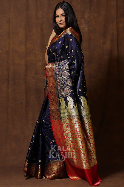 Dark Blue Hand Woven Banarasi Satin Silk Saree