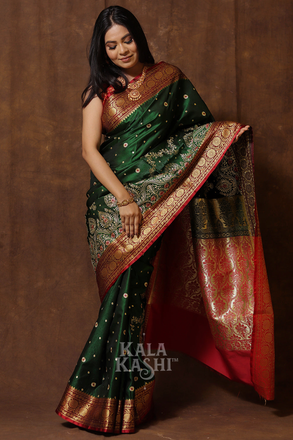 Dark Green Hand Woven Banarasi Satin Silk Saree