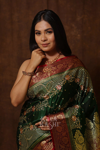 Dark Green Hand Woven Banarasi Satin Silk Saree