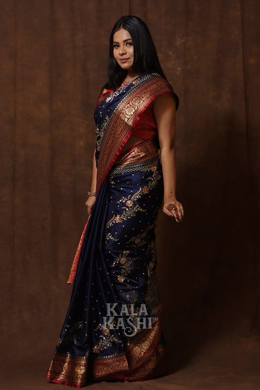 Dark Blue Hand Woven Banarasi Satin Silk Saree
