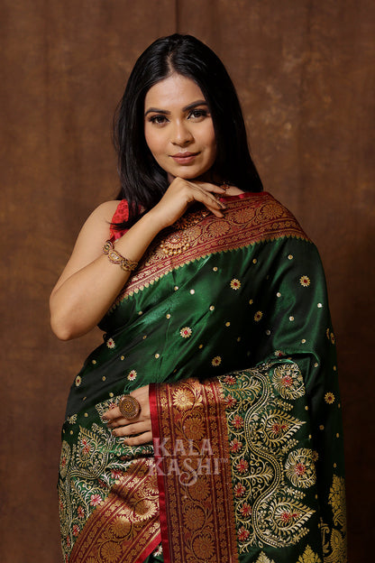 Dark Green Hand Woven Banarasi Satin Silk Saree