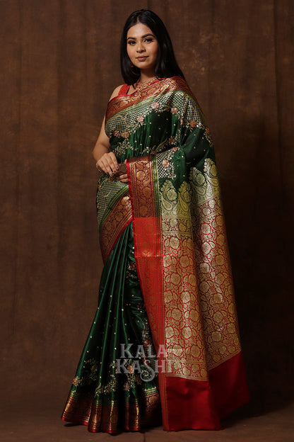 Dark Green Hand Woven Banarasi Satin Silk Saree