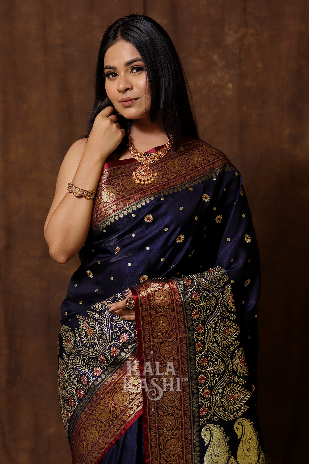 Dark Blue Hand Woven Banarasi Satin Silk Saree
