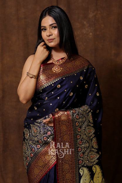 Dark Blue Hand Woven Banarasi Satin Silk Saree
