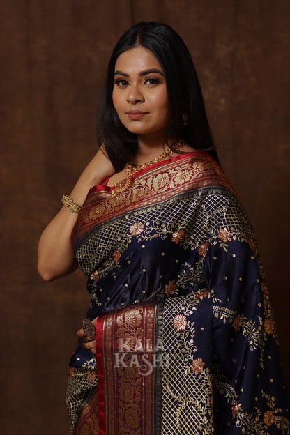 Dark Blue Hand Woven Banarasi Satin Silk Saree