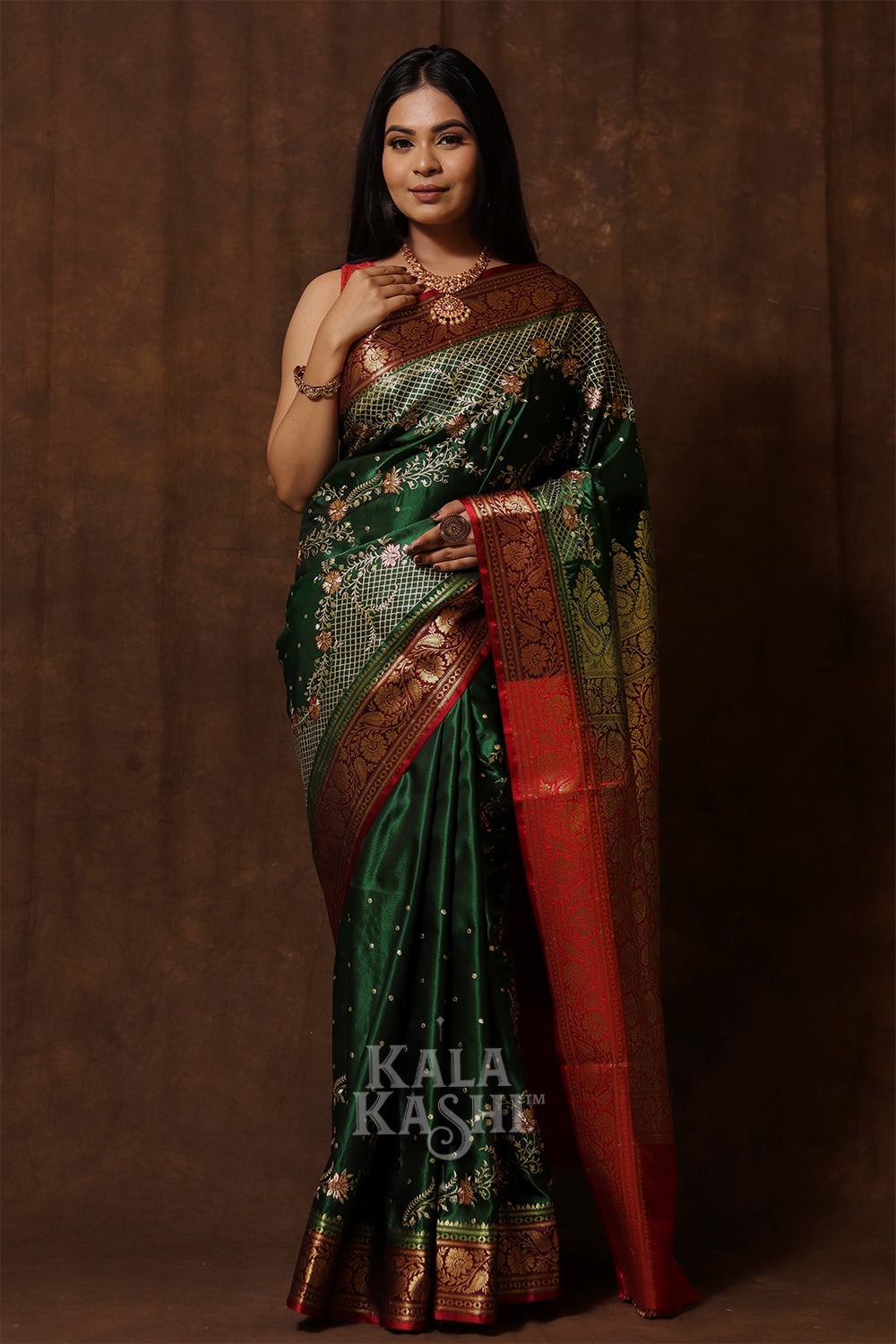Dark Green Hand Woven Banarasi Satin Silk Saree